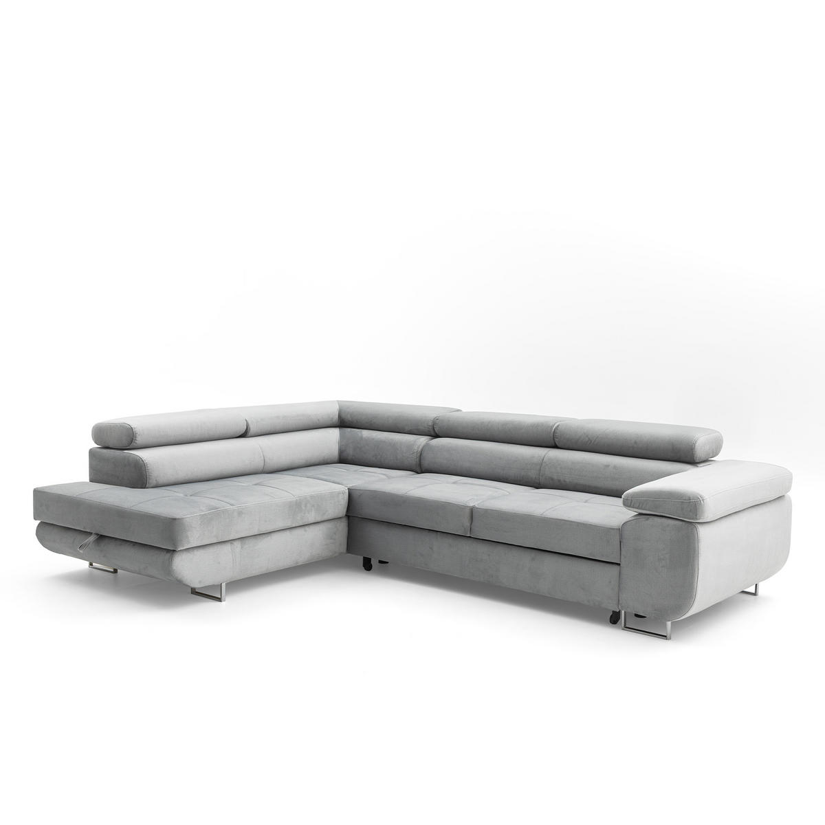 ECKSOFA WILD L Links mit Schlaffunktion 127x195 Velours Hellgrau - Chromfarben/Hellgrau, Holz/Textil (203/274cm) - Muffo