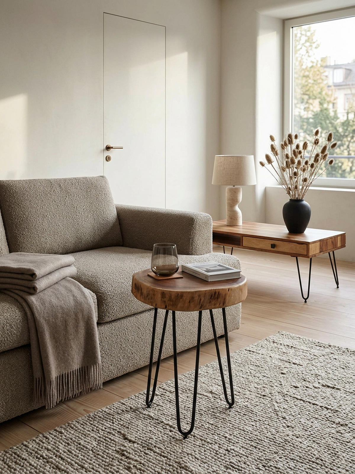 BEISTELLTISCH Massivholz Metallbeine Baumstammoptik BALU, Beige 35x35x45 cm - Beige/Schwarz, Holz/Metall (35/35/45cm) - KADIMA DESIGN