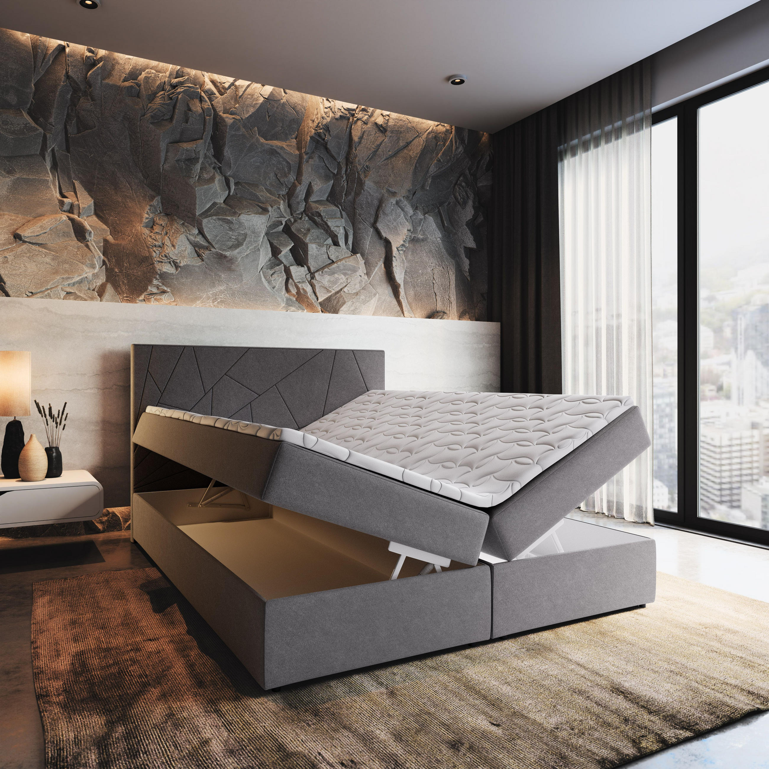 Thumbnail - Masseno Boxbett, Hellgrau, Holz, H2 + H3, 180x200 cm, Schlafzimmer, Betten, Boxspringbetten