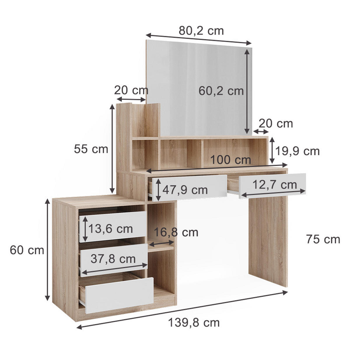 SCHREIBTISCH Anja Weiß/Sonoma 139.8 x 40 cm mit Schubladen - Weiß/Sonoma Eiche, Holzwerkstoff (40/139.8/115cm) - Vicco