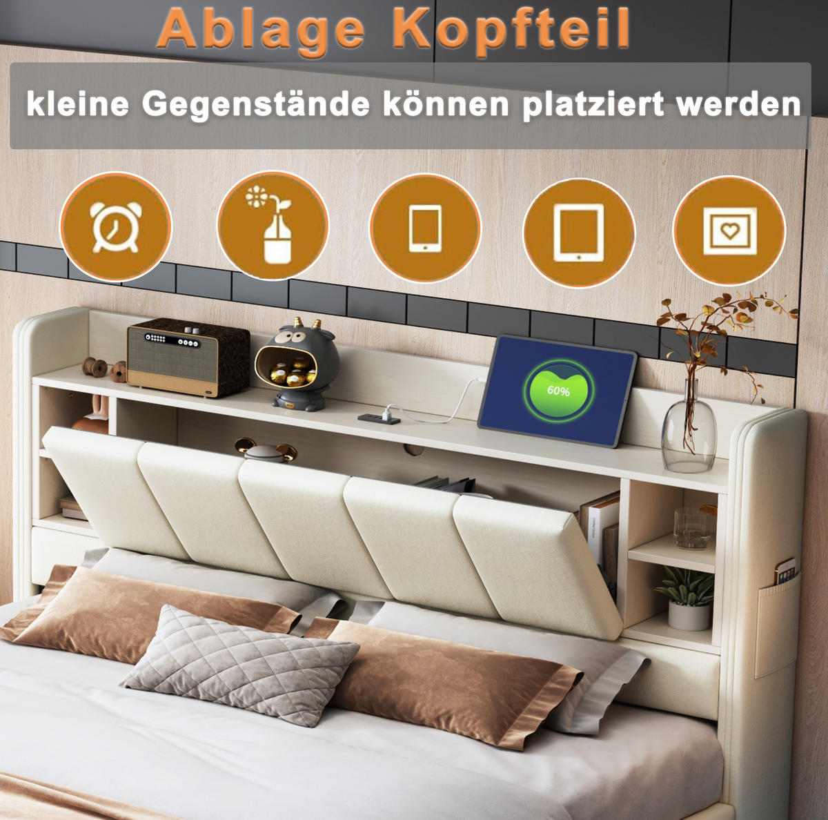 POLSTERBETT 140/200 cm mit LED-Lichtleiste, USB-Anschluss und Stauraum-Kopfteil, Leinenstoff, Beige - Beige, Textil (140/200cm) - Redom