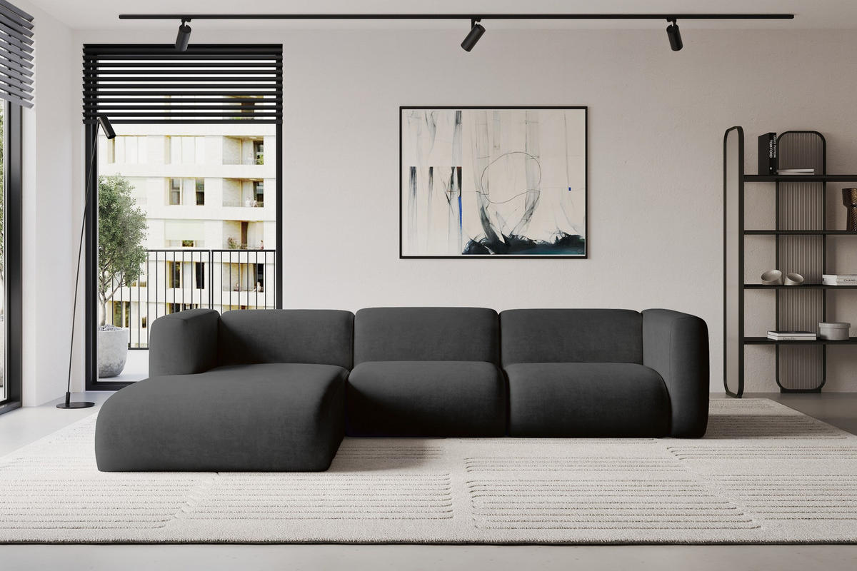 ECKSOFA Ottomane Links MIRA-L2 318x179x89 Schwarz Velours - Anthrazit/Schwarz, Holzwerkstoff/Kunststoff (318/179cm) - ALTDECOR