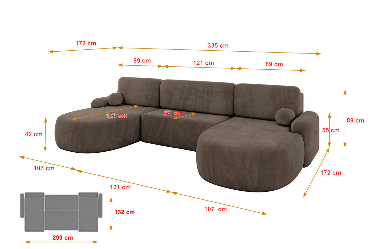 WOHNLANDSCHAFT mit Schlaffunktion und Bettkasten LIRA-U - 335x172x89 Braun - Braun, Holzwerkstoff/Textil (335/89/172cm) - ALTDECOR