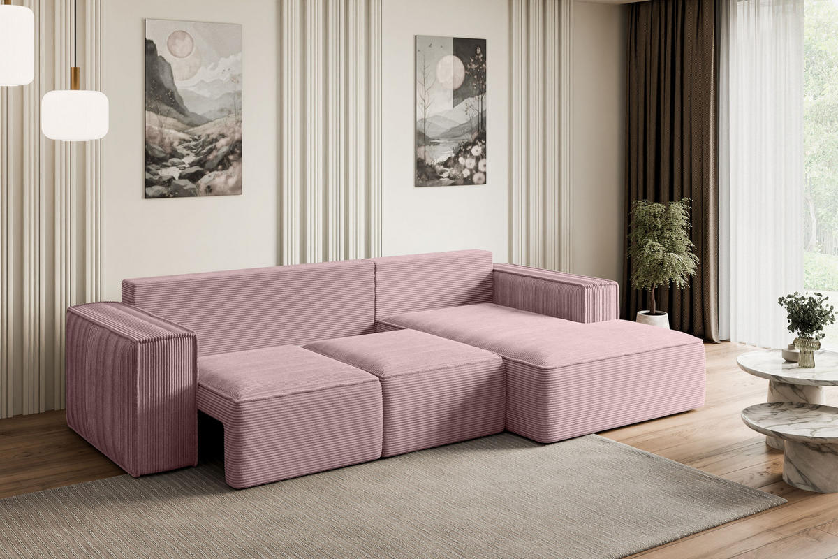 ECKSOFA mit Schlaffunktion und Bettkasten SERRA-L-S - 266x161x87 cm Rosa Cord - Schwarz/Rosa, Holzwerkstoff/Kunststoff (266/161cm) - ALTDECOR
