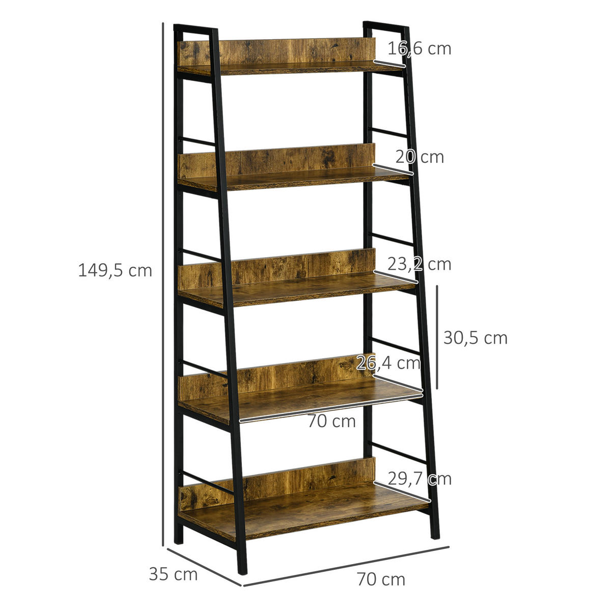 REGAL DE-15495 70/35/150 cm, 5-stufig Schwarz/Natur - Braun, Holzwerkstoff (70/149.5/30cm) - ComfortXL