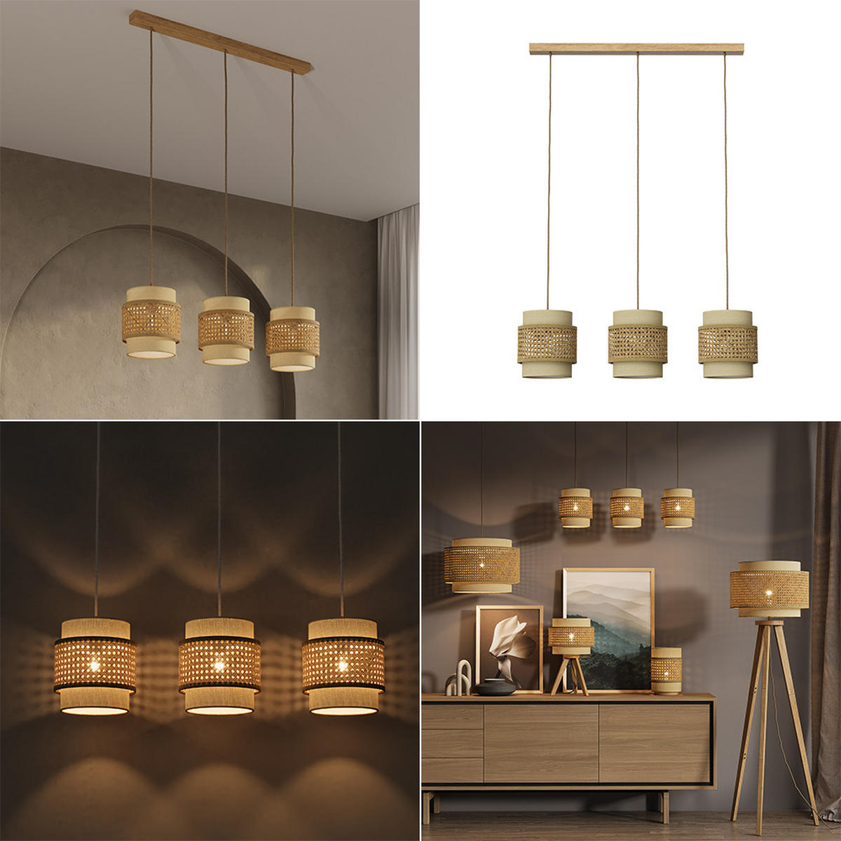 3ER PENDELLEUCHTE Morten Rattan/Creme 70 x 120 cm - Creme/Braun, Holz (70/70/120cm) - Vicco