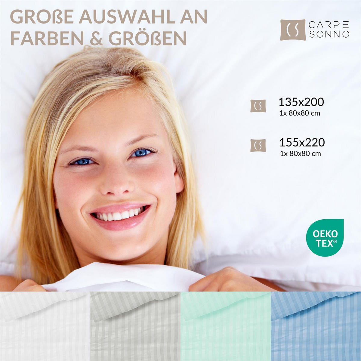 DAMAST-BETTWÄSCHE 155x220 Weiß gestreift Bettbezug aus 100% Baumwolle - Made in Germany - Sandfarben, Textil (155/220cm) - Carpe Sonno