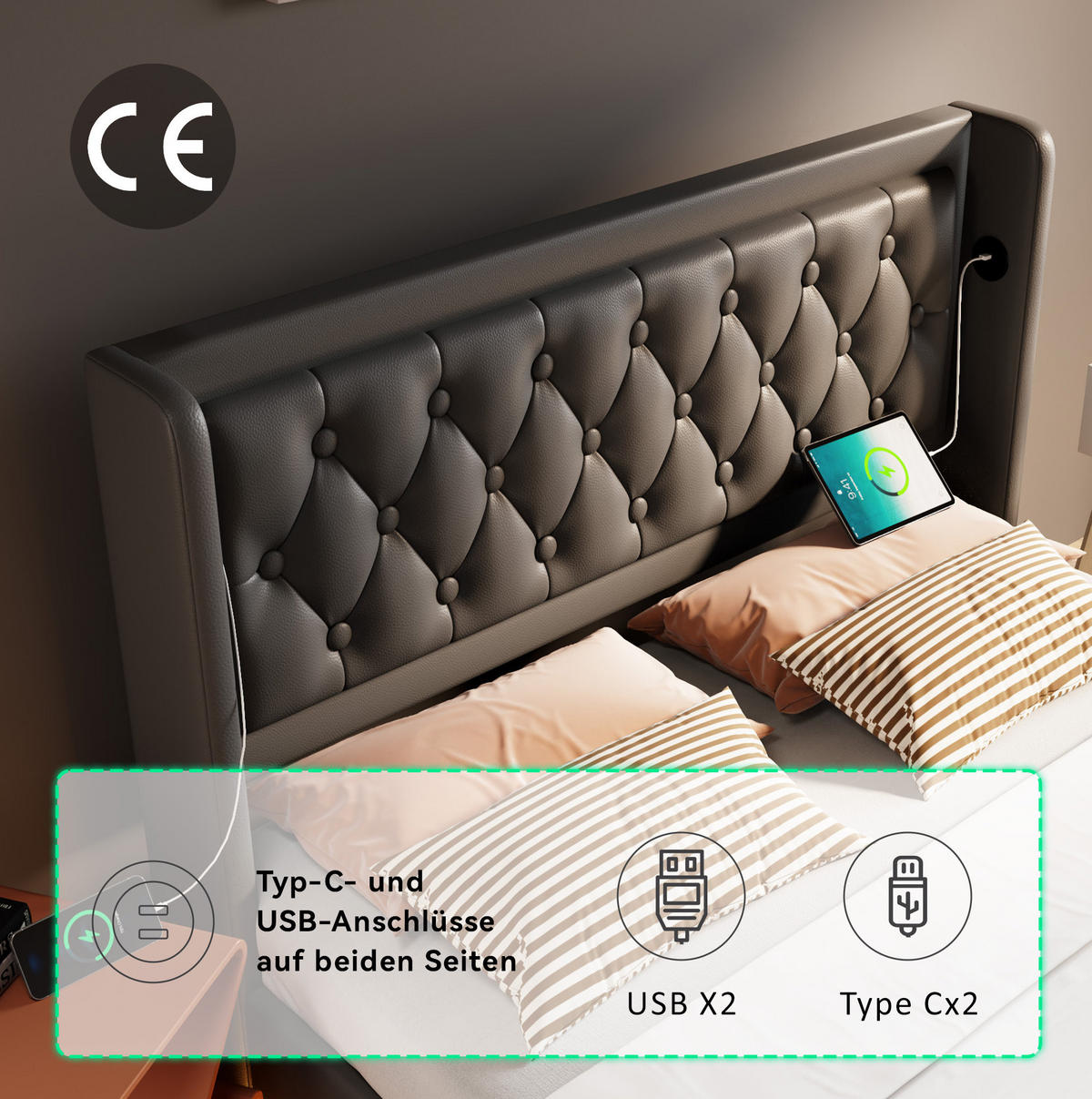 POLSTERBETT 180/200 cm mit USB-, Typ-C-Anschluss, LED und hydraulischem Bettkasten aus PU, Schwarz - Schwarz, Kunststoff (180/200cm) - Redom