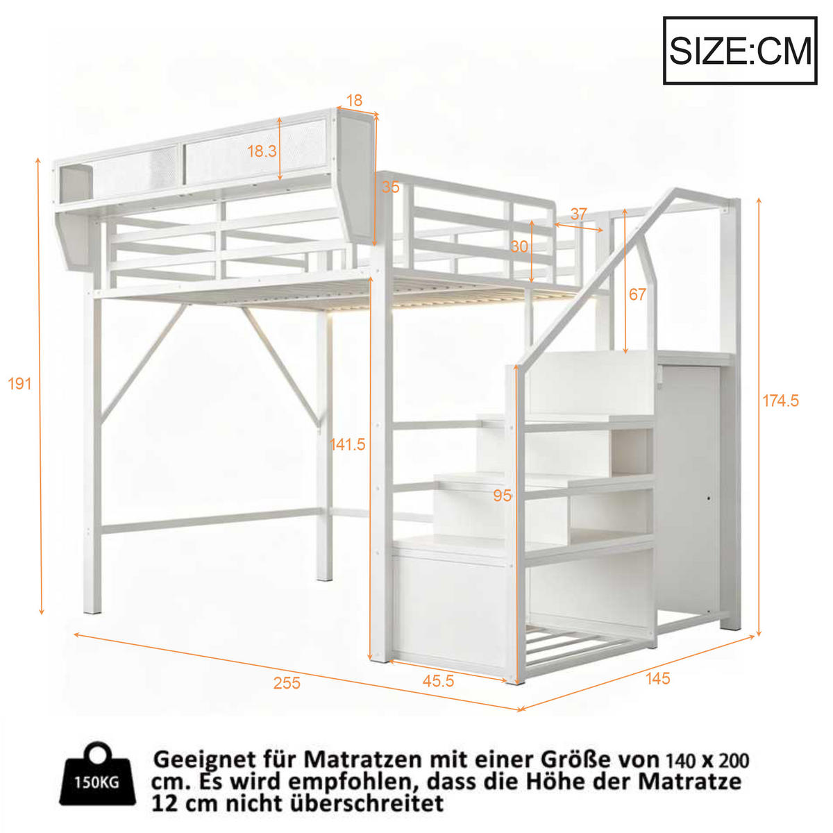 HOCHBETT 140/200 cm in Weiß Metall mit LED, Sicherheitsleiter und Stauraum - Weiß, Holzwerkstoff/Metall (140/200cm) - WISHDOR