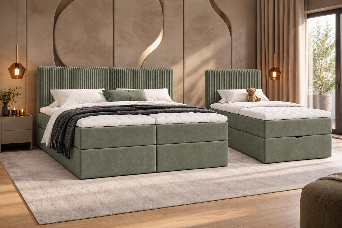 BOXSPRINGBETT Familienbett XXL 240x200 cm mit Bettkasten & Topper – Khaki - Salbeigrün, Textil (240/200cm) - MebleHot