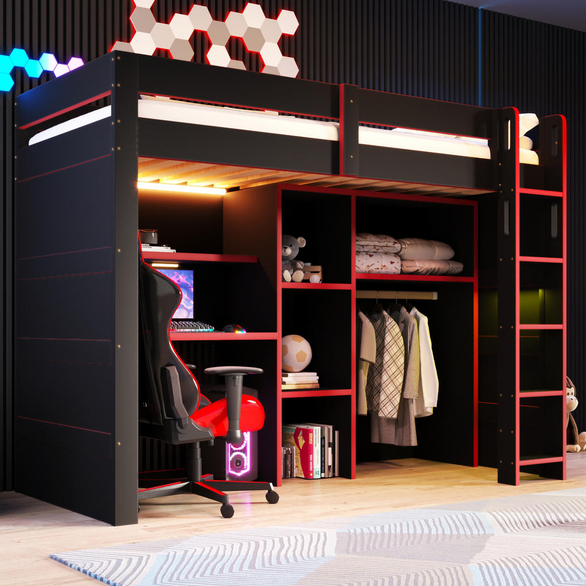 HOCHBETT aus MDF und Sperrholz 90x200 cm Schwarz/Rot mit Schreibtisch, Kleiderschrank und LED-Beleuchtung - Schwarz, Holzwerkstoff (90/200cm) - Modfu