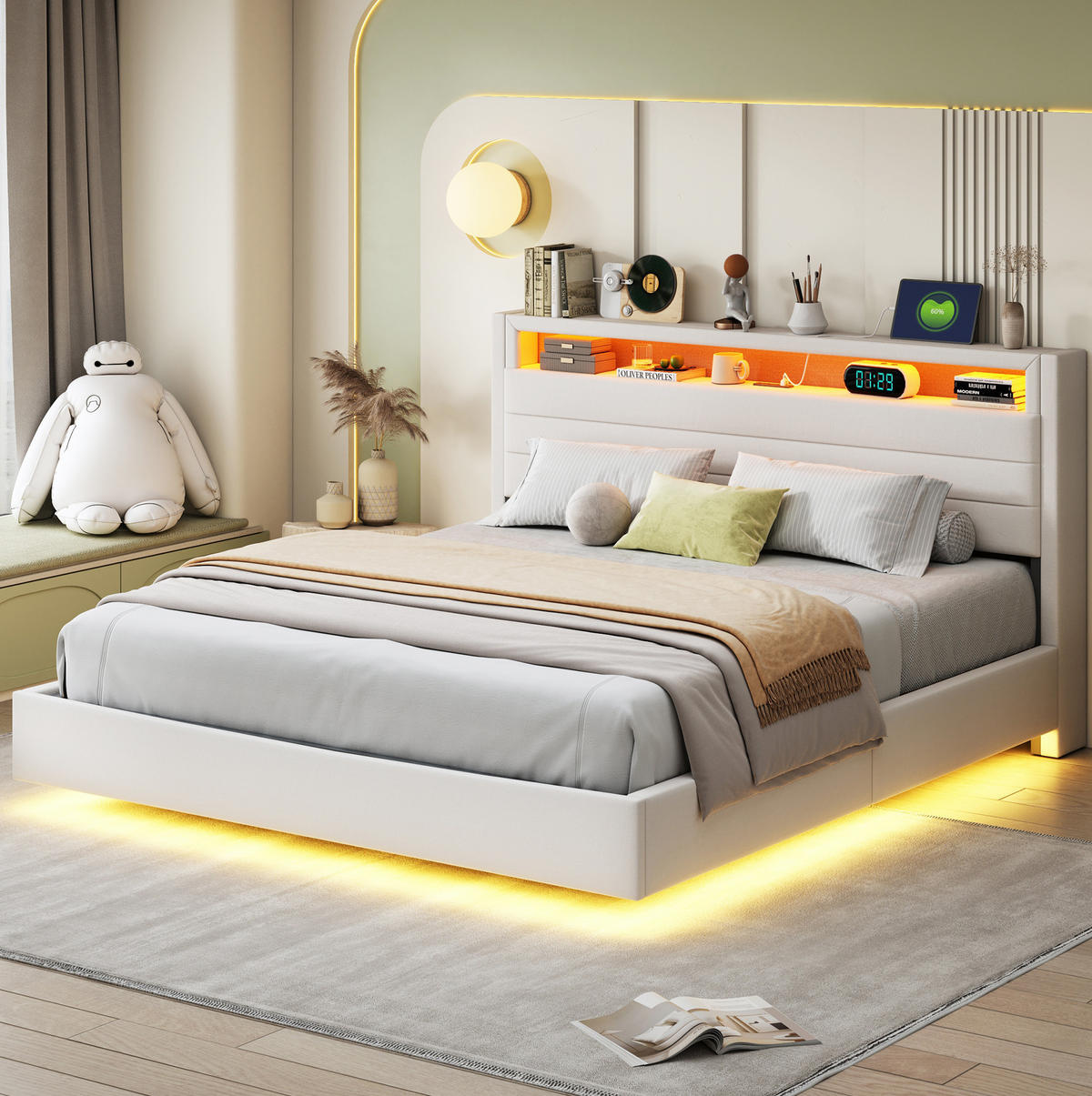 POLSTERBETT 160/200 cm Beige Hydraulisches Stauraumbett mit USB und LED-Beleuchtung - Beige, Textil (160/200cm) - OKWISH