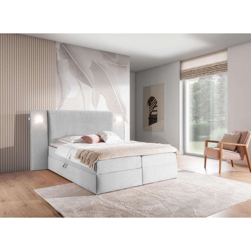 Thumbnail - Fun Möbel Boxbett, Hellgrau, Textil, 180x220 cm, Schlafzimmer, Betten, Boxspringbetten