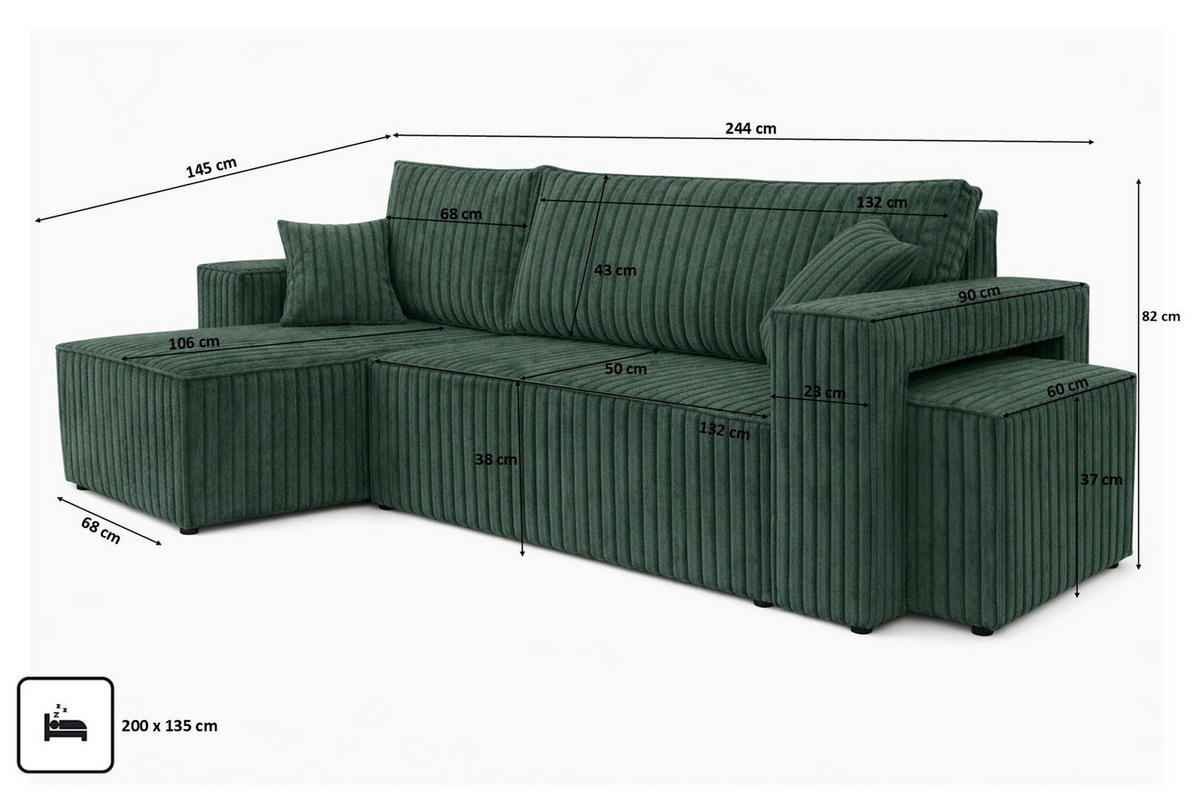 ECKSOFA Mit Schlaffunktion Und Pouf, Cordstoff Tilia, Grün, Links, Best L Mit Pouf - Grün, Holz (244/145cm) - Kaiser Möbel