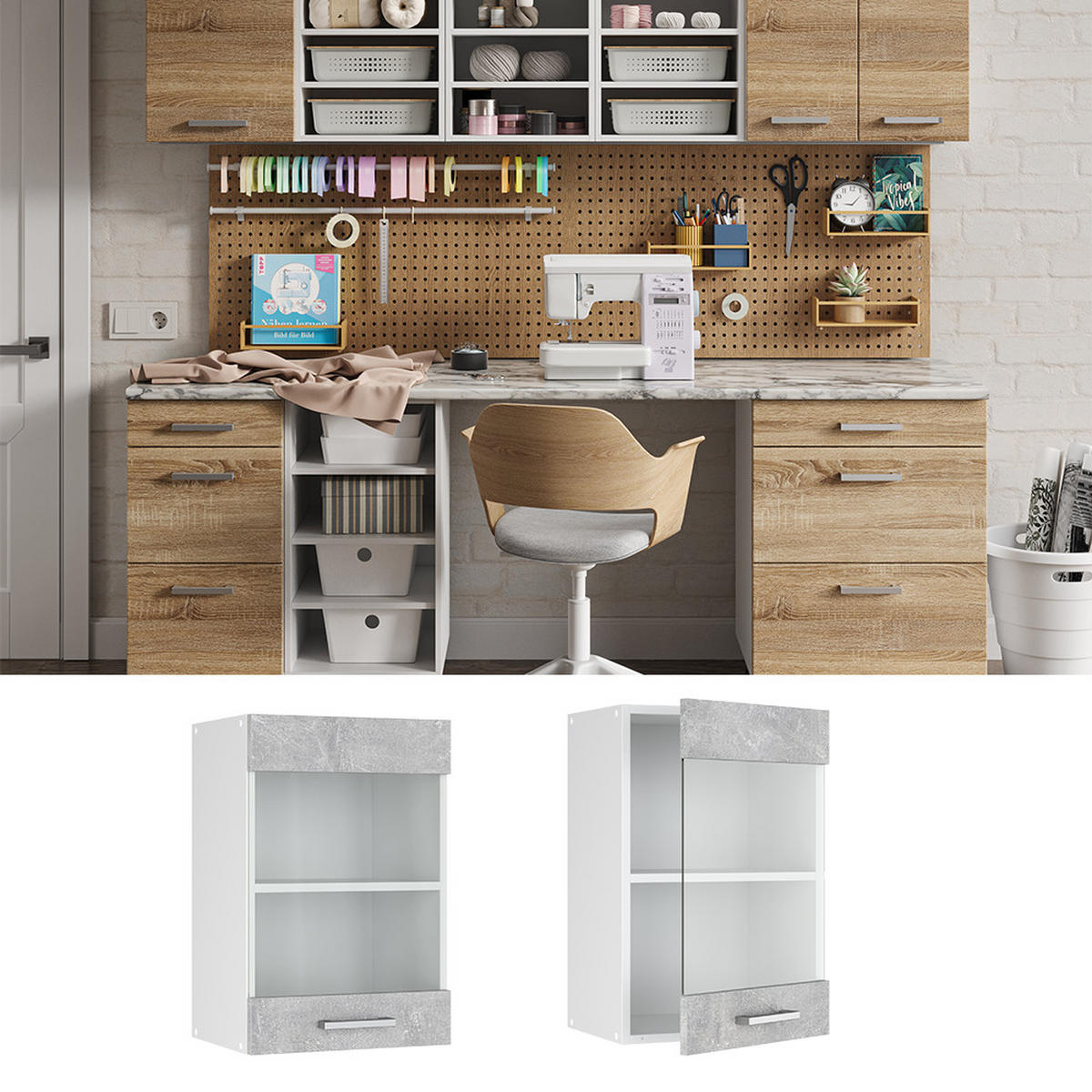 UNIVERZÁLNÍ NÁSTĚNNÁ SKŘÍŇKA R-Line Beton - šedá/bílá, kompozitní dřevo (40/60/31cm) - Vicco