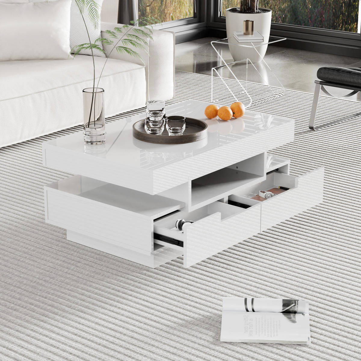 COUCHTISCH, Weiß Hochglanz auf Spanplatte, integrierte LED, 4 Schubladen & 3 offene Fächer, 80/50/36 cm, Weiß - Weiß, Holzwerkstoff (80/50/36cm) - Redom