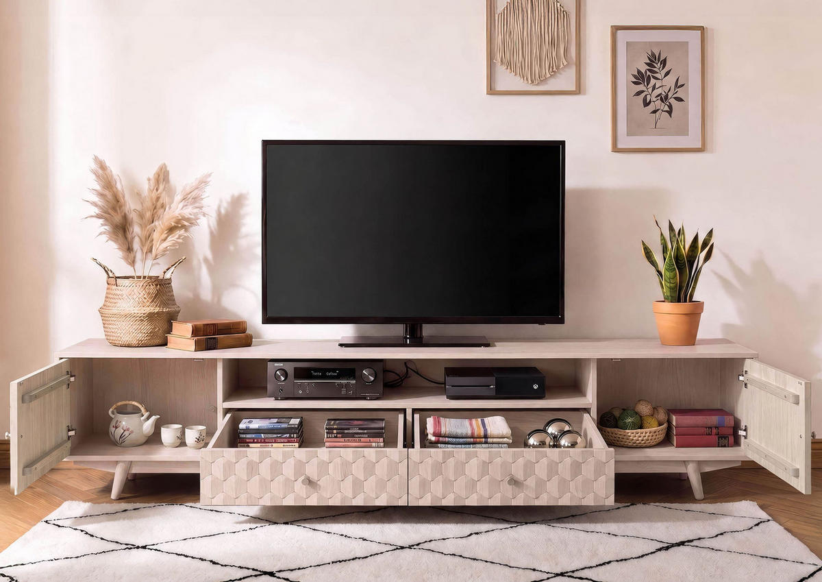 TV-BOARD Akazie 235x40x49 weiß lackiert MOSAYK #219 - Weiß, Holz (235/49/40cm) - Massivmoebel24