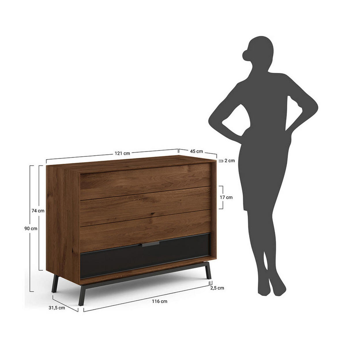 KOMMODE Modern Loft Eiche Tabak 121 / 45 / 90cm - Dunkelbraun/Schwarz, Holz/Metall (121/90/45cm) - Feldmann-Wohnen