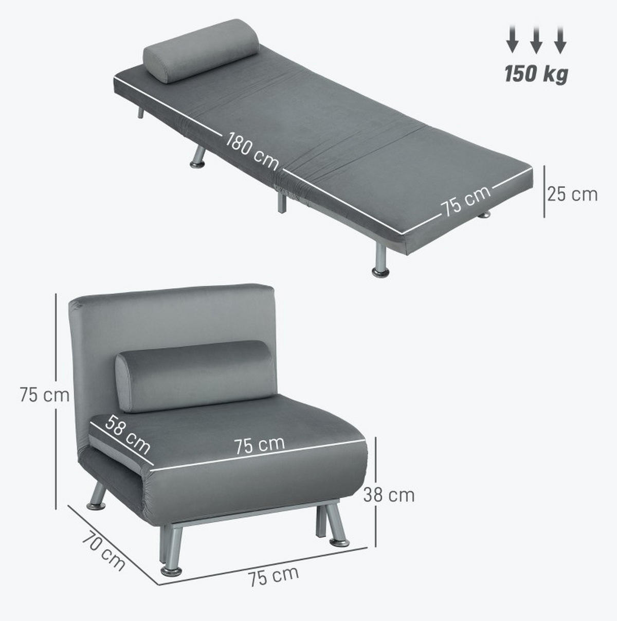 SCHLAFSESSEL 70/75/75 cm mit Liegefläche 75/180 cm – klappbar, platzsparend - Grau, Textil (70/75/75cm) - BEAOK