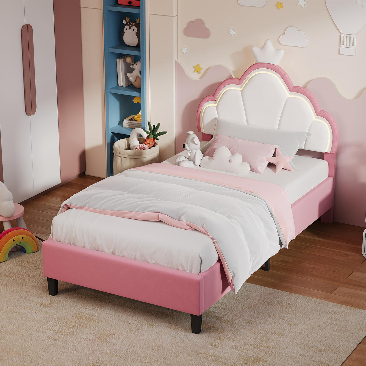 POLSTERBETT 90x190 cm mit höhenverstellbarem Kopfteil & RGB-LED – Kinderbett Bettgestell für Mädchen, Samt, Rosa - Pink, Holz/Metall (90/190cm) - BursDany