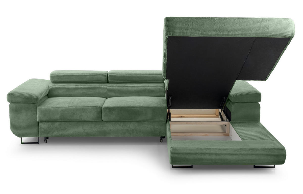 ECKSOFA L Form Arborio Salbeigrün 280/203/90 cm Rechts mit Schlaffunktion - Schwarz/Grün, Textil/Metall (280/203cm) - AX Living