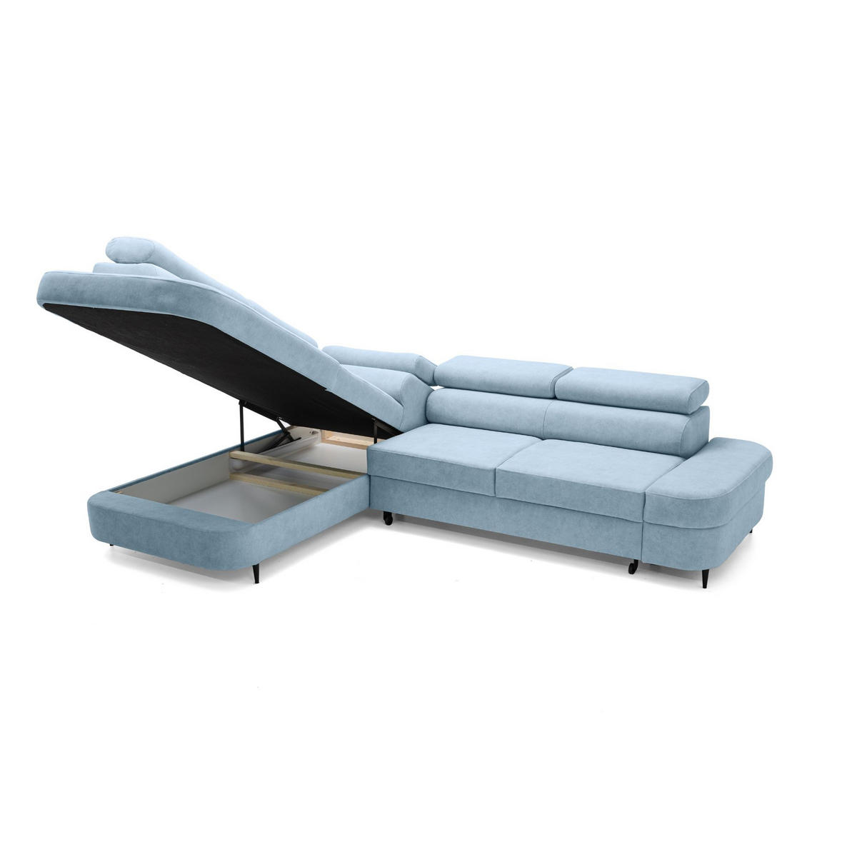 ECKSOFA PRIAM L Links mit Schlaffunktion 125x195 Velours Hellblau - Schwarz/Hellblau, Holz/Textil (203/275cm) - Muffo