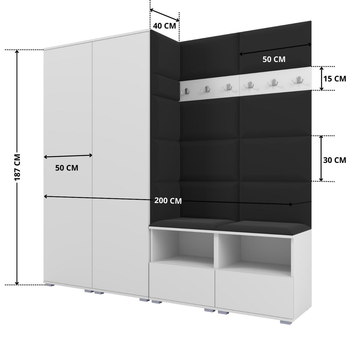 GARDEROBE NELA VI 200 cm (Kompaktgarderobe Weiß mit Sitzpolster Schwarz 16 Schrank & Paneel) - Silberfarben/Schwarz, Holz/Holzwerkstoff (200/187/40cm) - Ravio