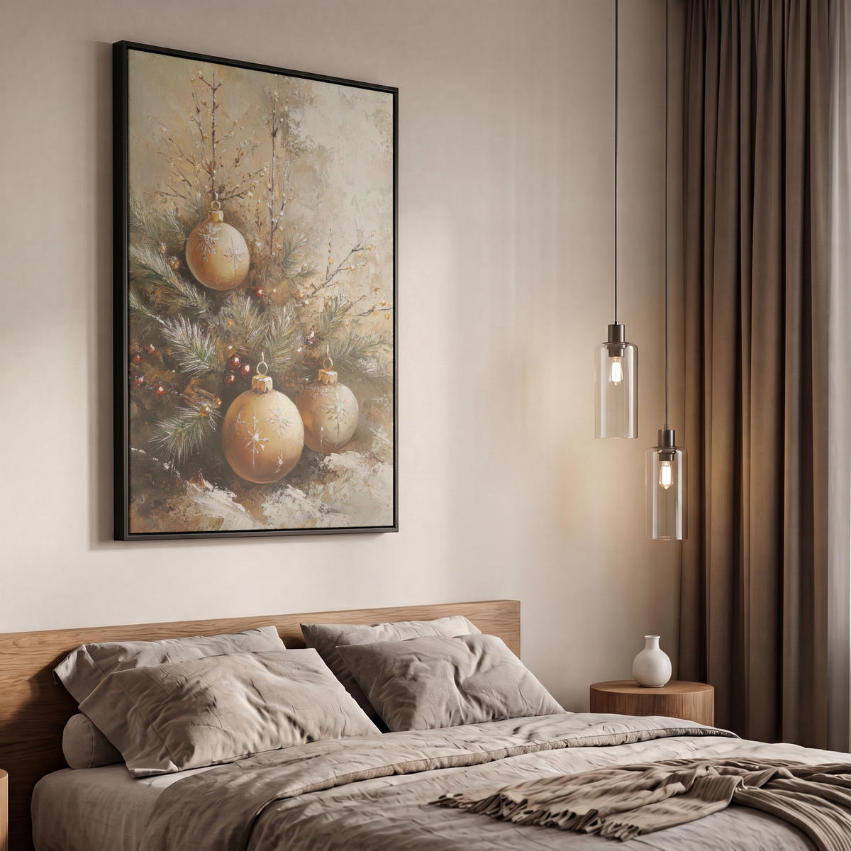 LEINWAND Bilder mit Rahmen - Weihnachten - Kugeln - Beige - Gold - 60x90 - Goldfarben, Textil (60/90cm) - MuchoWow