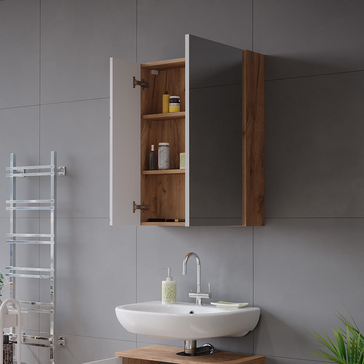 BADSPIEGELSCHRANK Irma Goldkraft Eiche/Weiß Hochglanz 60 x 75 cm - Eiche Wotan/Weiß, Holzwerkstoff (60/75/17.2cm) - Vicco