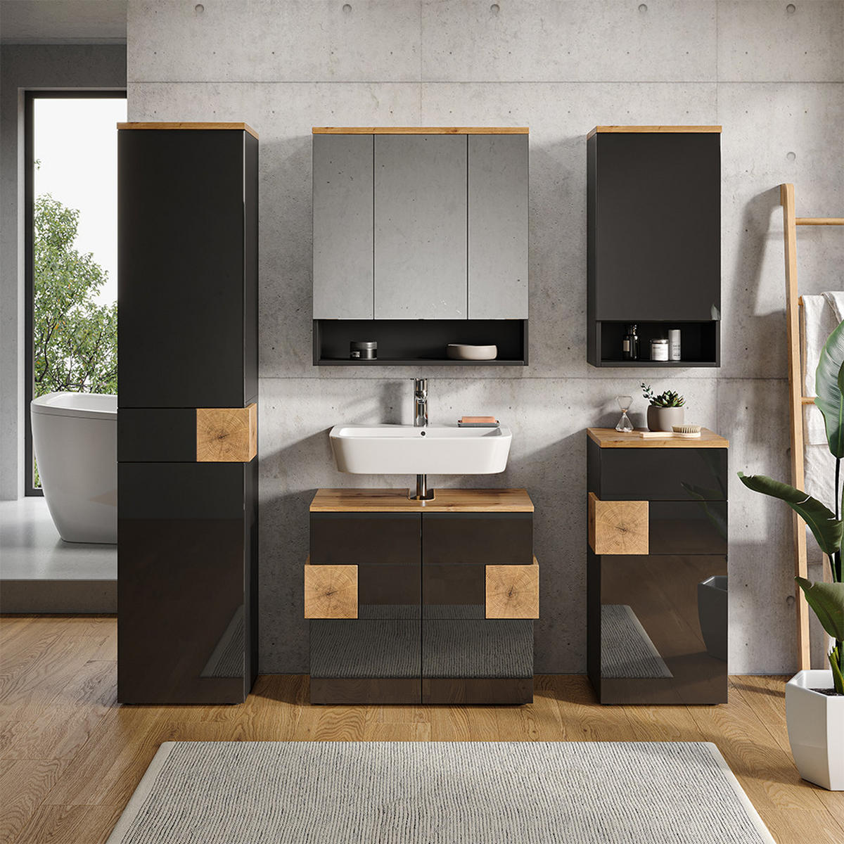 BADSCHRANK Eden Anthrazit 40 x 77.5 cm - Anthrazit/Hellgrau, Holzwerkstoff (40/77.5/27cm) - Vicco