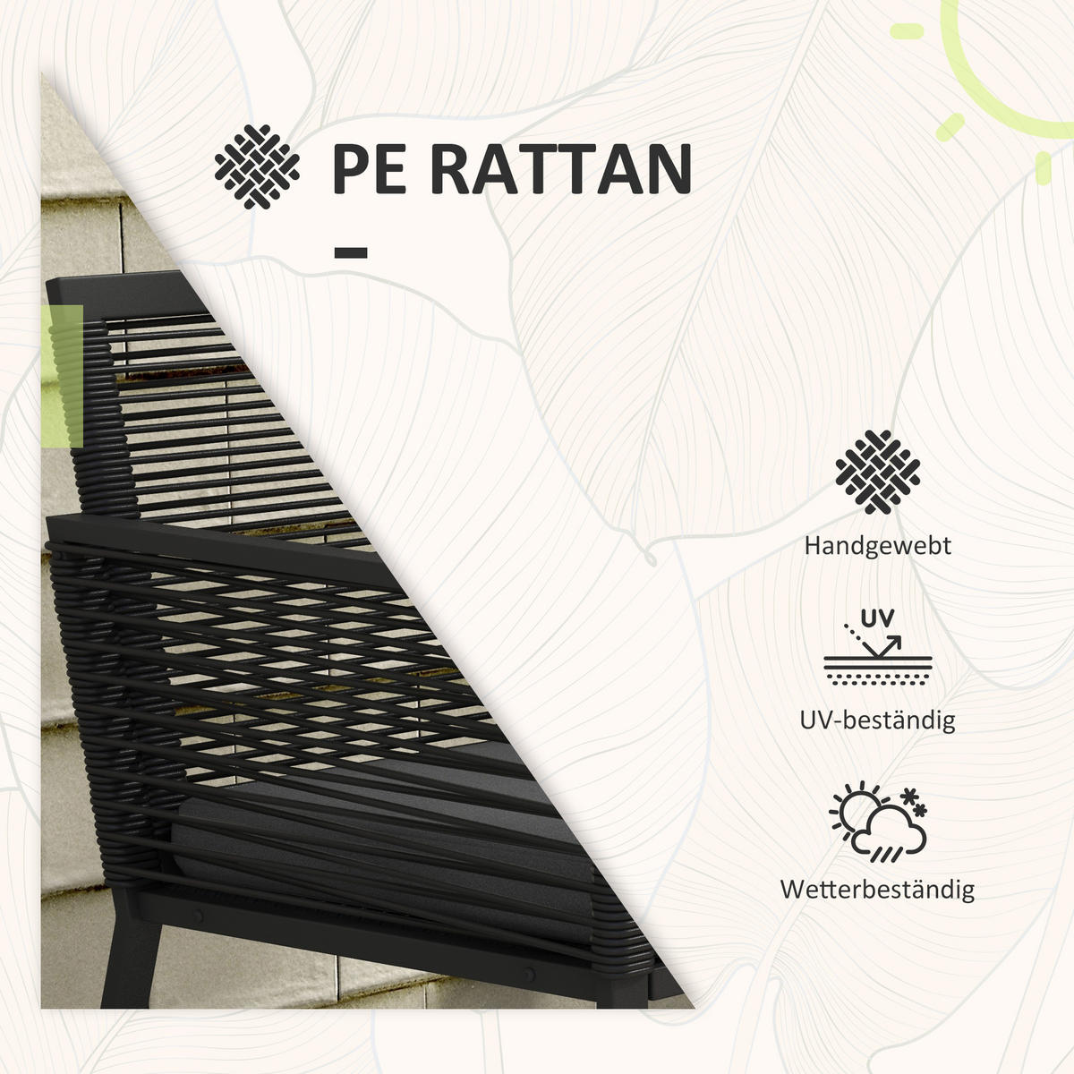 SITZGRUPPE, 3-tlg., Rattan Gartenmöbel-Set,Gartengarnitur mit 2 Gartenstühle - Schwarz, Kunststoff - Outsunny