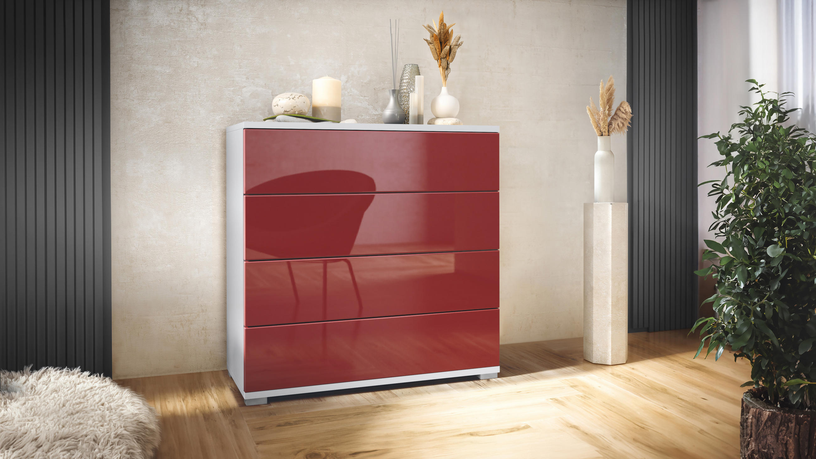 KOMMODE Pavos Bordeaux Hochglanz - Bordeaux, Holzwerkstoff (76/76/35cm) - Vladon