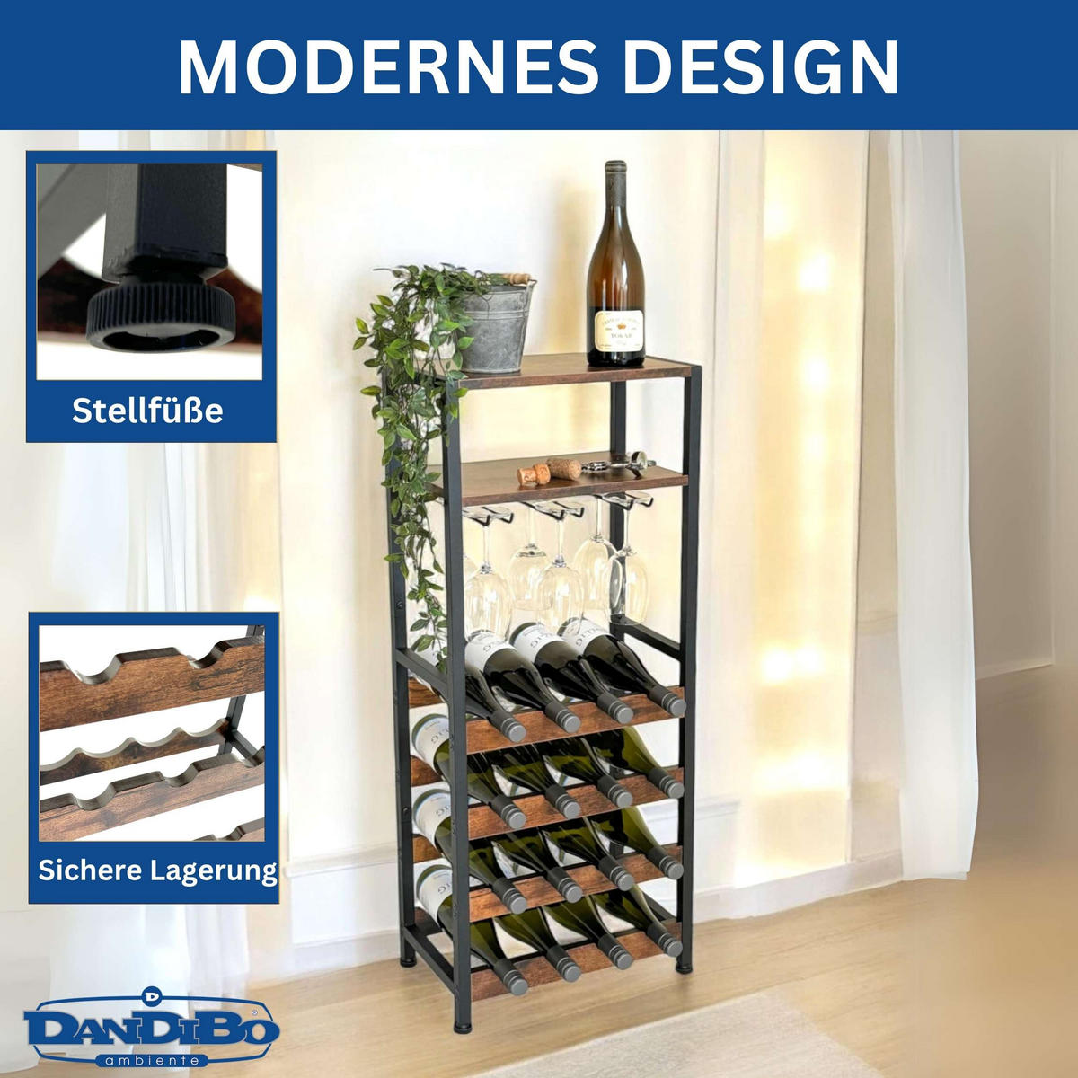 WEINREGAL 16-Flaschen mit Glashalter Metall/Holz Schwarz 41,5/24/100 cm - Schwarz, Metall (41.5/100/24cm) - DanDiBo