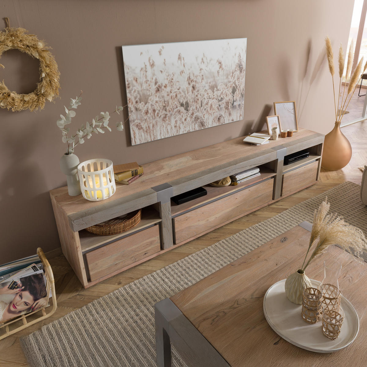 TV-BOARD Akazie 250x48x55 beige lackiert Amsterdam #127 - Beige, Holz (250/55/48cm) - Massivmoebel24