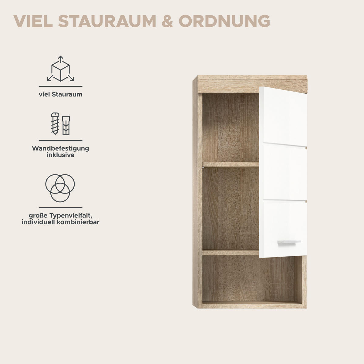 HÄNGESCHRANK Lambada Bad in Sonoma Eiche hell und weiß hochglanz B/H/T: 37x79x24 cm - Eichefarben, Holz (37/79/24cm)