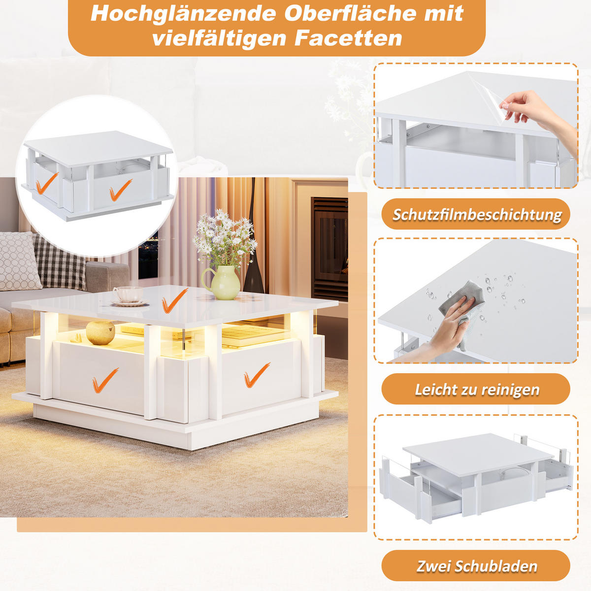 COUCHTISCH 70/70/35 cm Weiß aus Holzwerkstoff mit LED-Beleuchtung und 2 Schubladen - Weiß, Holzwerkstoff (70/70/35cm) - OKWISH