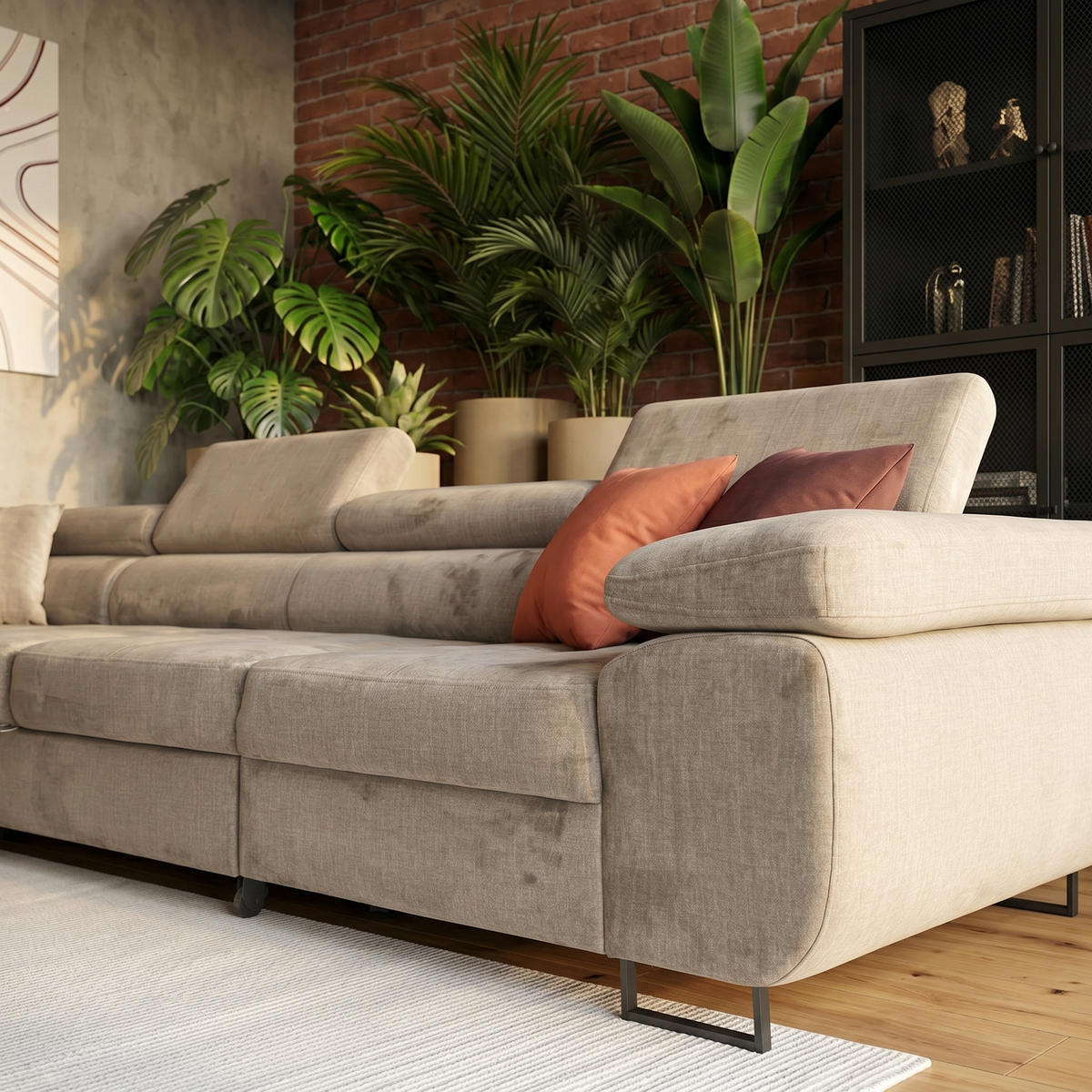 ECKSOFA WILD MAXI L Links mit Schlaffunktion 125x195 Velours Beige - Chromfarben/Beige, Holz/Textil (203/350cm) - Muffo