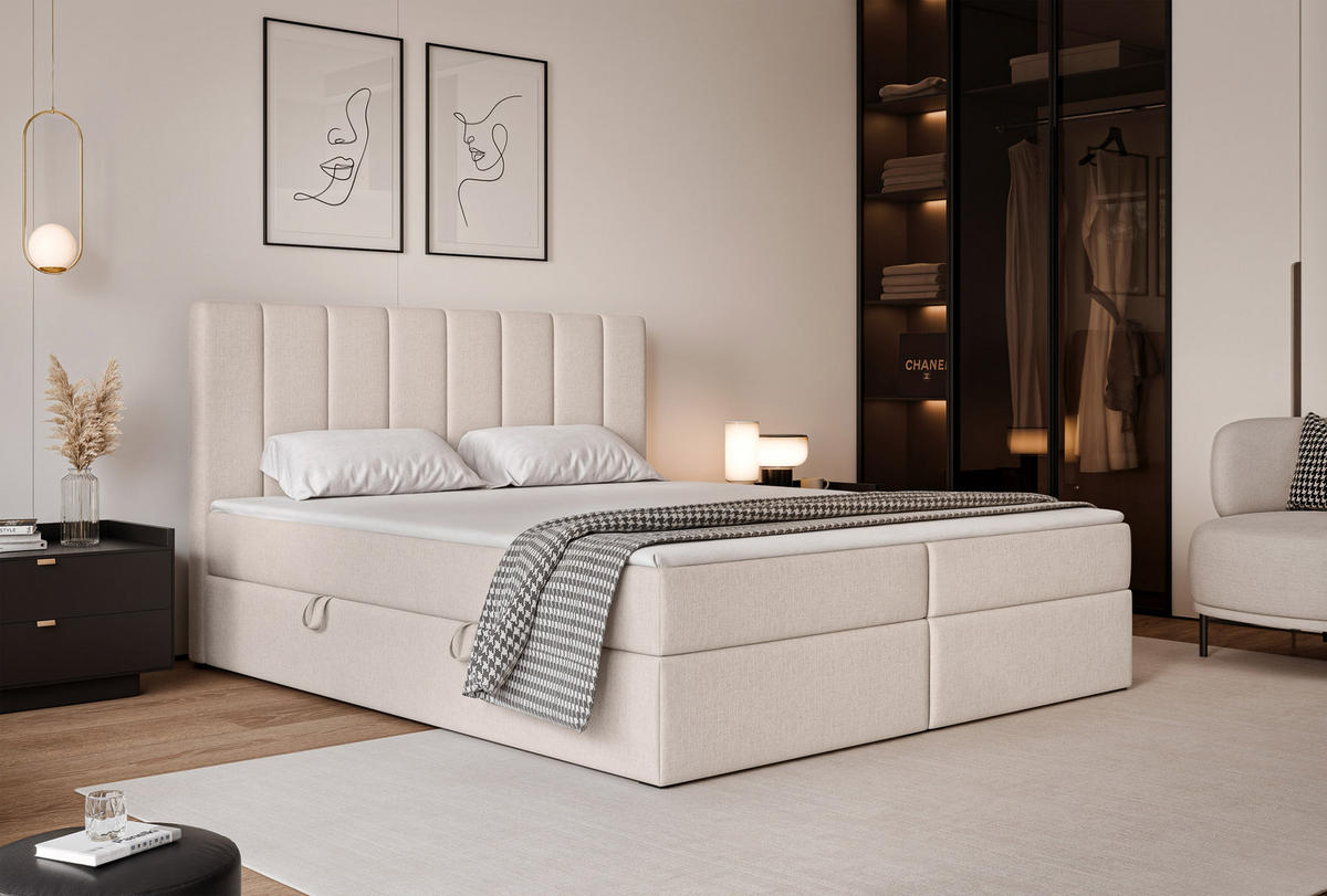 BOXBETT LEO 180/200 cm mit Matratze und Topper, Creme - Creme/Schwarz, Holzwerkstoff/Kunststoff (180/200cm) - Idohome