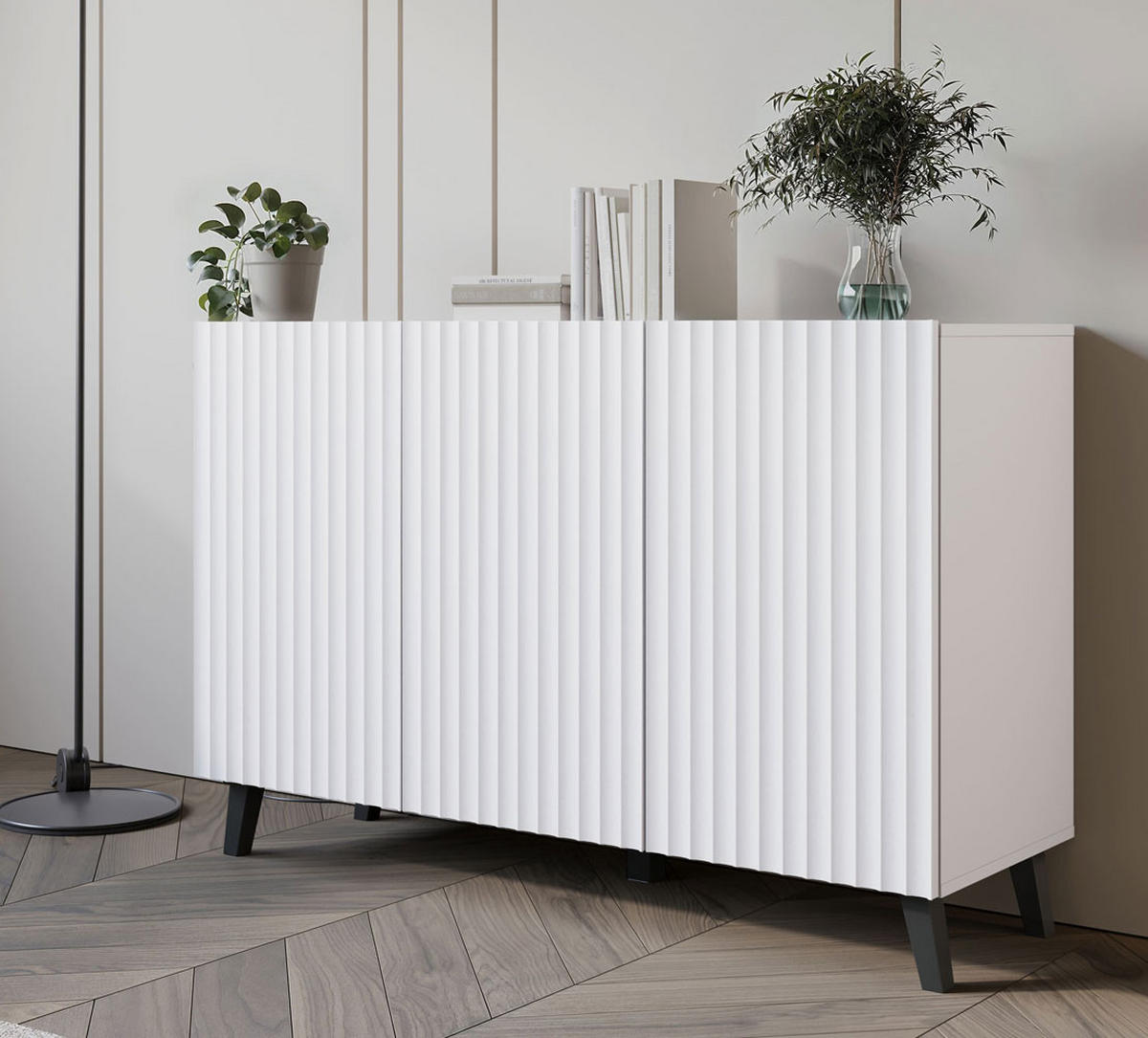 KOMMODE Phuket Weiß, gerillt 120 / 39 / 76 cm - Schwarz/Weiß, Holz/Holzwerkstoff (120/76/39cm) - Feldmann-Wohnen