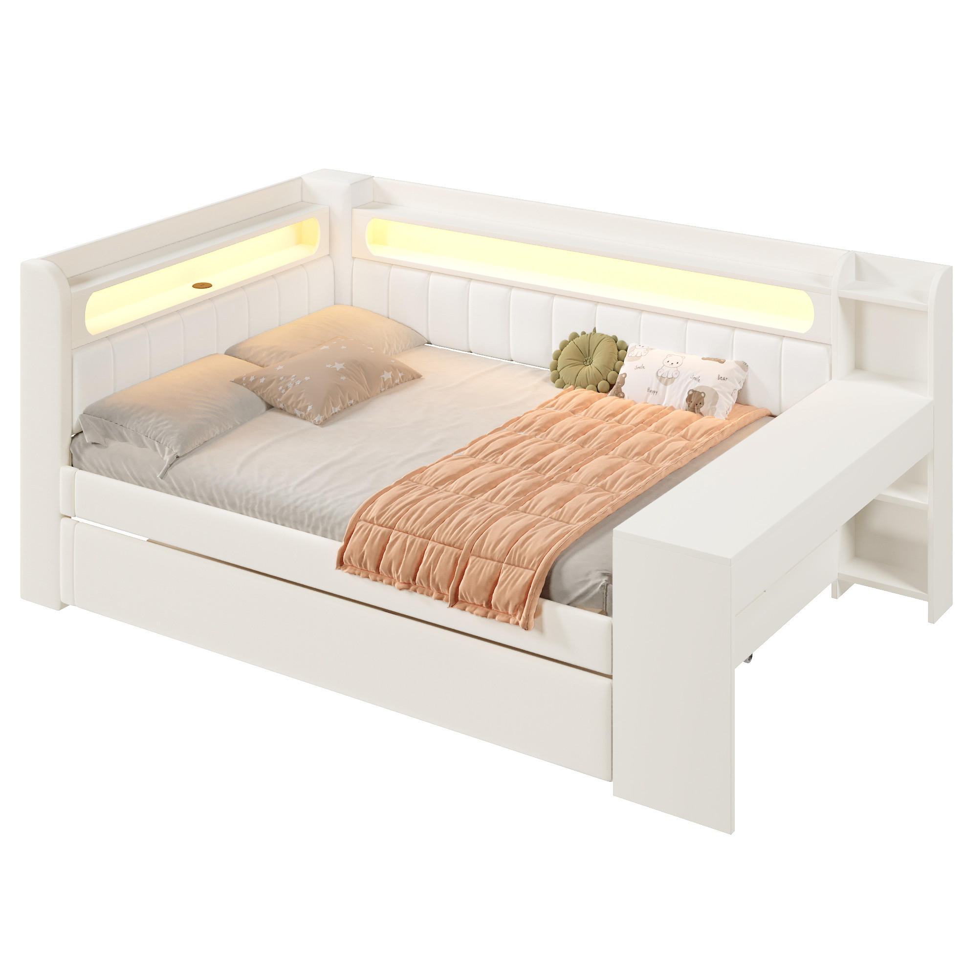 KREVET 140/200 cm s LED osvjetljenjem, USB priključkom, izvlačnim krevetom i radnim stolom, Bijela - bijela, drvni materijal (140/200cm) - Redom