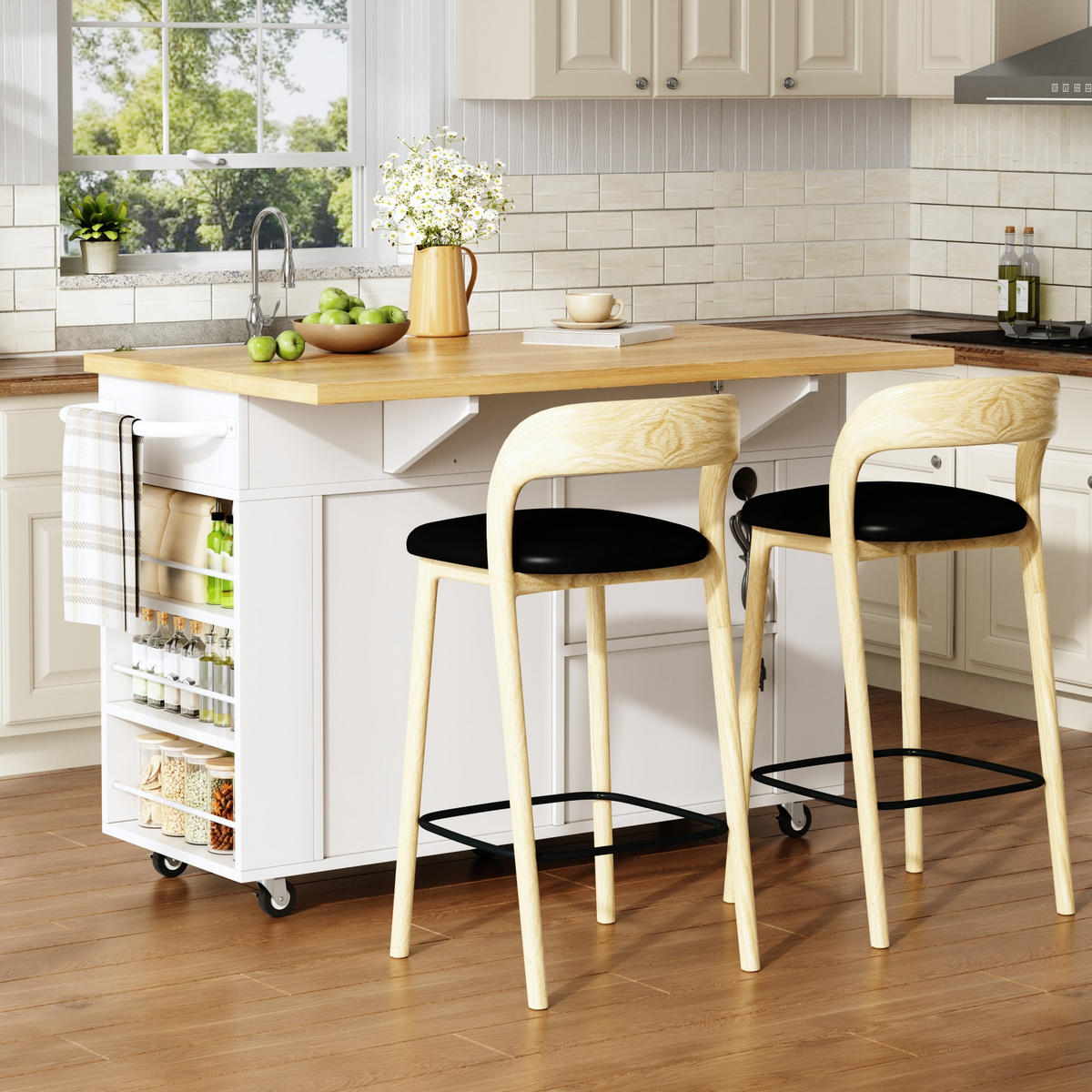 KÜCHENINSEL 84 cm MDF Natur Weiß mit Klappbarer Arbeitsplatte und USB-Steckdose - Weiß, Holzwerkstoff (70/84/120cm) - Korfee