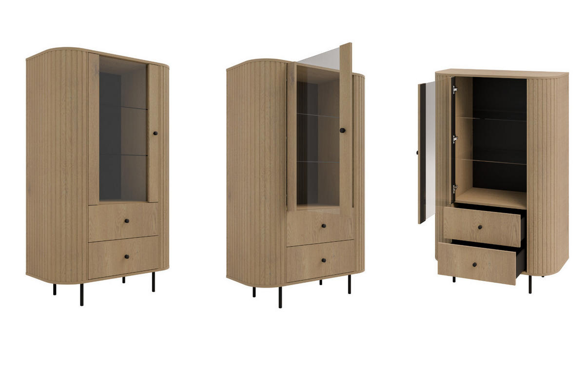 VITRINE Olivia 97 cm, mit Glastüren, 2 Schubladen und geriffeltem Design, eiche sonoma und schwarzfarbenen Metallfüßen - Sonoma Eiche, Metall (97/155/43cm) - Margaret Hadas24