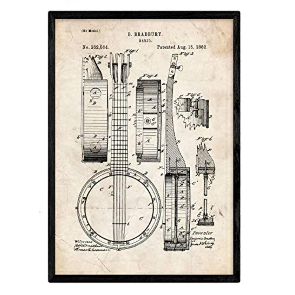 POSTER Banjo Patent A3 Schwarzer Rahmen - Schwarz, Papier (29.7/5/42cm) - Nacnic