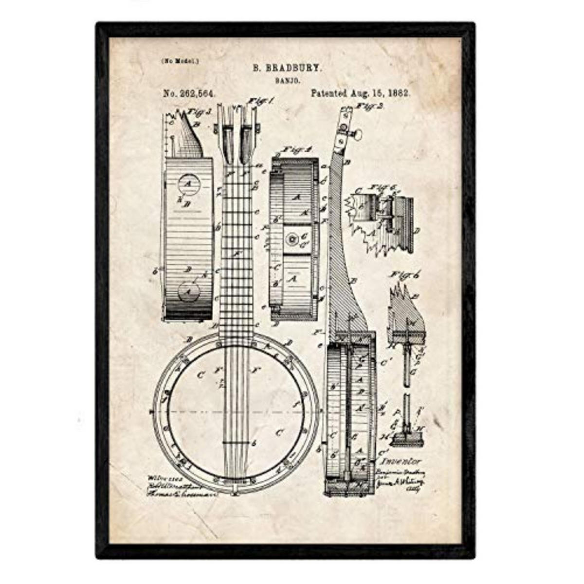 POSTER Banjo Patent A3 Schwarzer Rahmen - Schwarz, Papier (29.7/5/42cm) - Nacnic