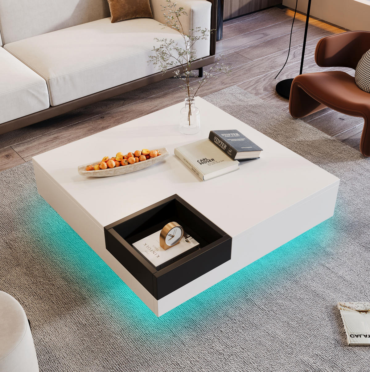 COUCHTISCH aus Spanplatte 72x72x30 cm in Weiß mit LED-Beleuchtung - Weiß, Holzwerkstoff (72/72/30cm) - Modfu