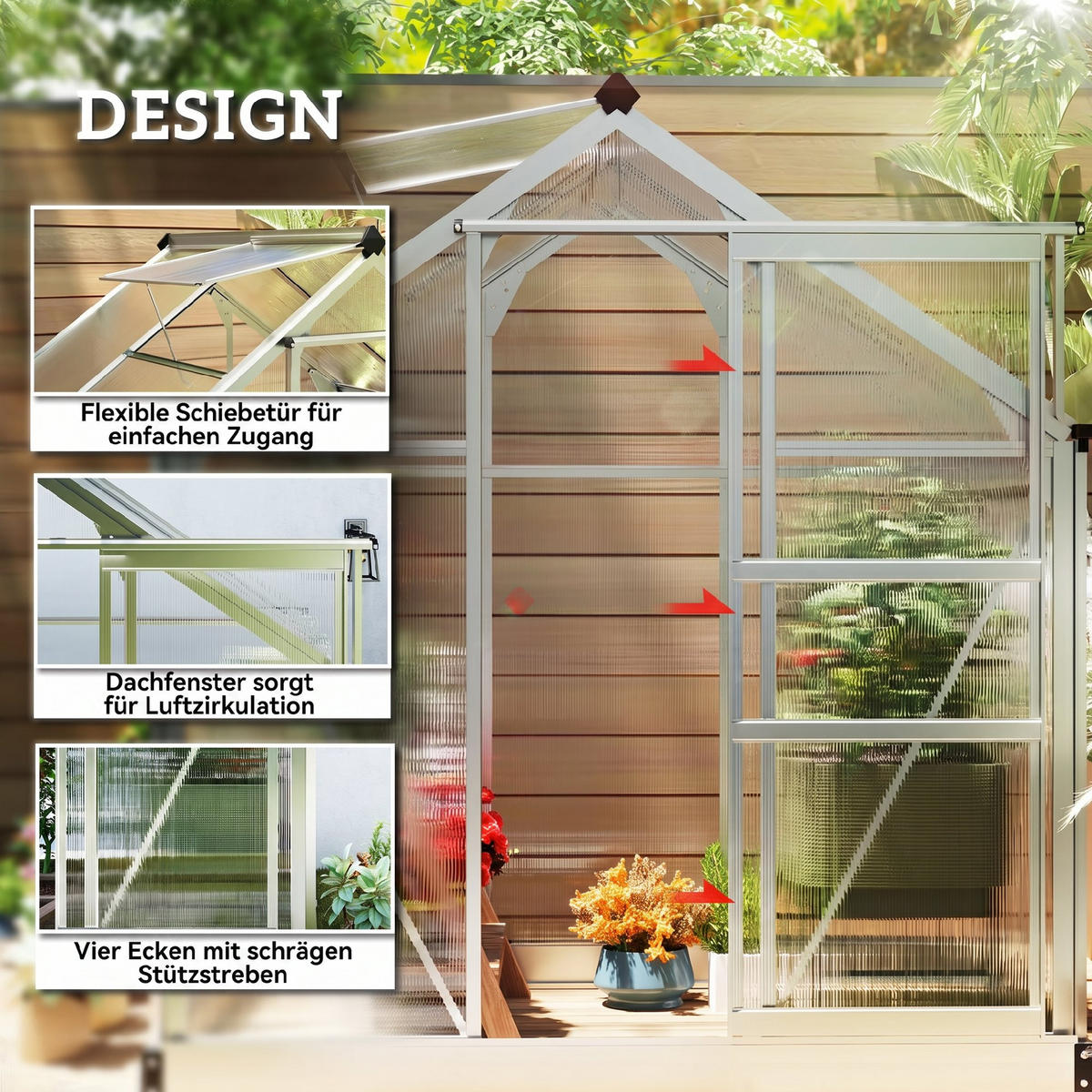GEWÄCHSHAUS Aluminiumlegierung Polycarbonat Silber - Silberfarben, Metall (132/201/190cm) - Outsunny