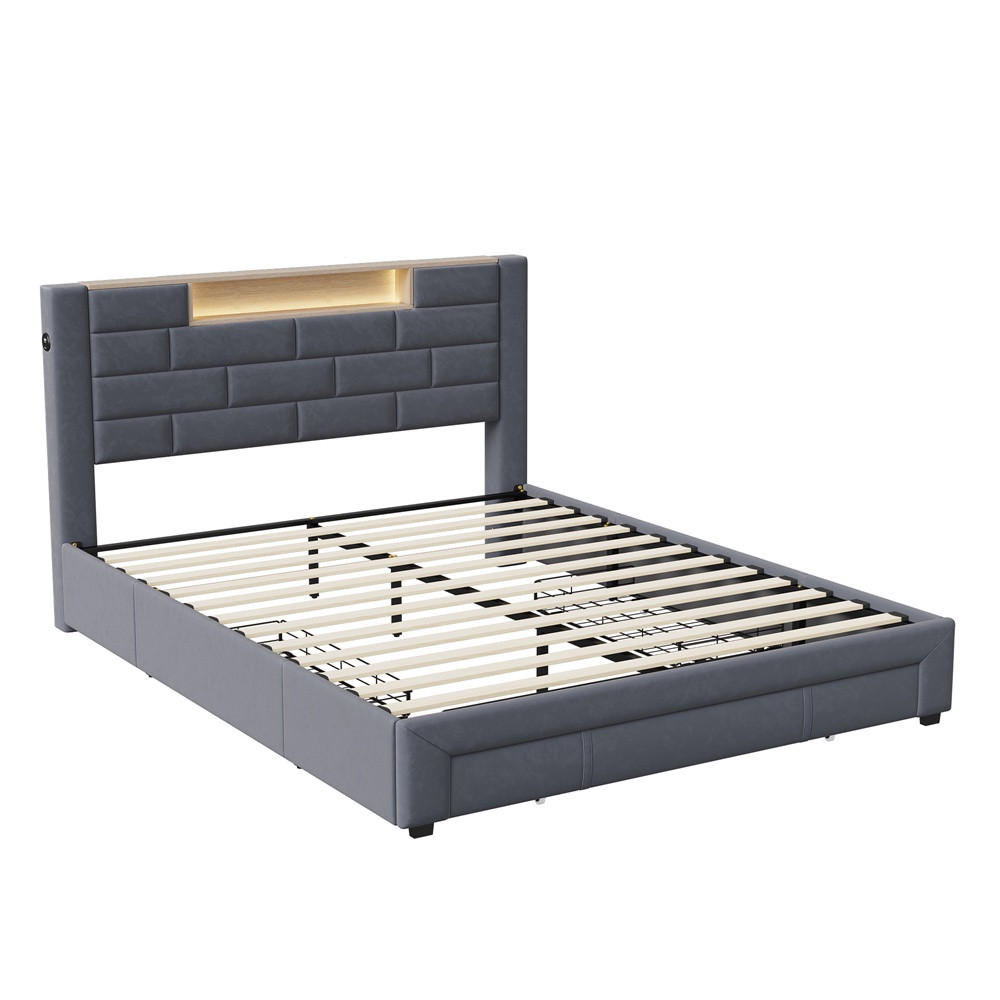 POLSTERBETT 140x200 cm - mit LED-Beleuchtung, USB/Type-C-Ladefunktion, Ablagekopfteil, Schubladen - Grau - Grau, Textil (140/200cm) - DELFA