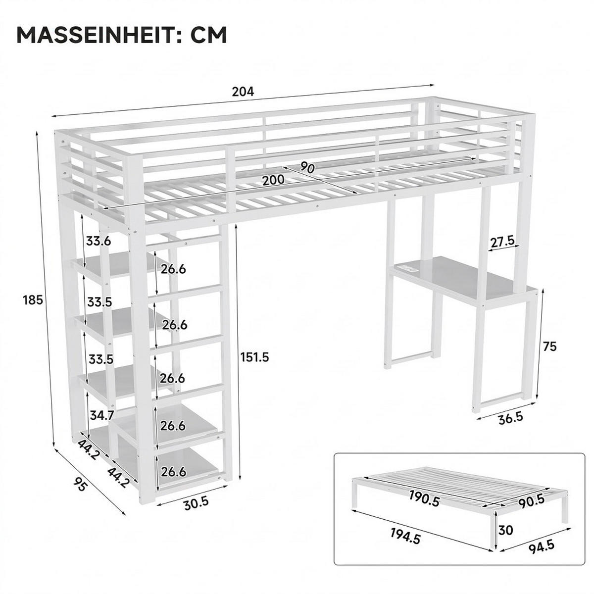 ETAGENBETT 90/200 cm Weiß mit Schreibtisch, Kleideraufbewahrung, USB- und Type-C-Schnittstelle - Weiß, Metall (90/200cm) - Oxeza