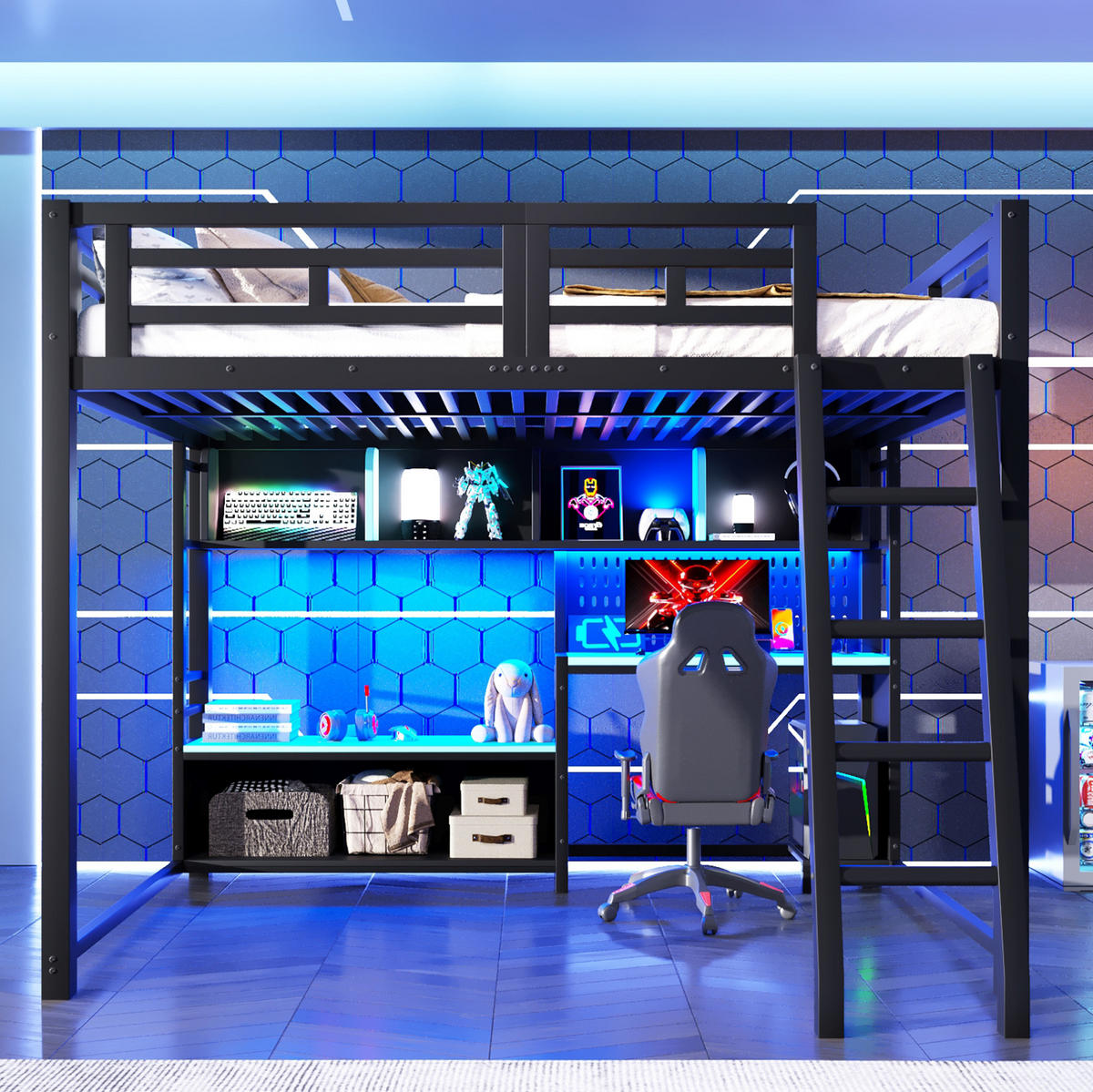 GAMING-HOCHBETT 140x200 cm in Schwarz mit Schreibtisch, RGB-LED und Regalen - Schwarz, Holzwerkstoff (140/200cm) - IVMEU