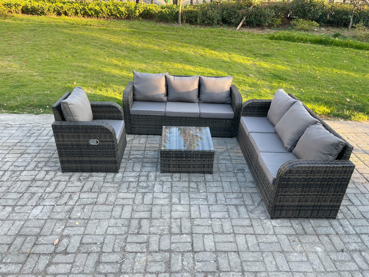 GARTENMÖBEL SET mit 3-SITZER SOFA Polyrattan Dunkelgrau 7-Sitzer - Dunkelgrau/Grau, Glas/Kunststoff - Fimous